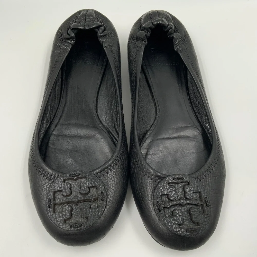 Tory Burch Minnie Travel Ballet Flats Black Leather Logo Medallion Size 8.5